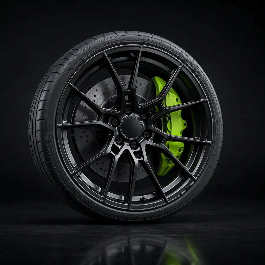 Black performance wheel with lime brake caliper used as a car modification reference
